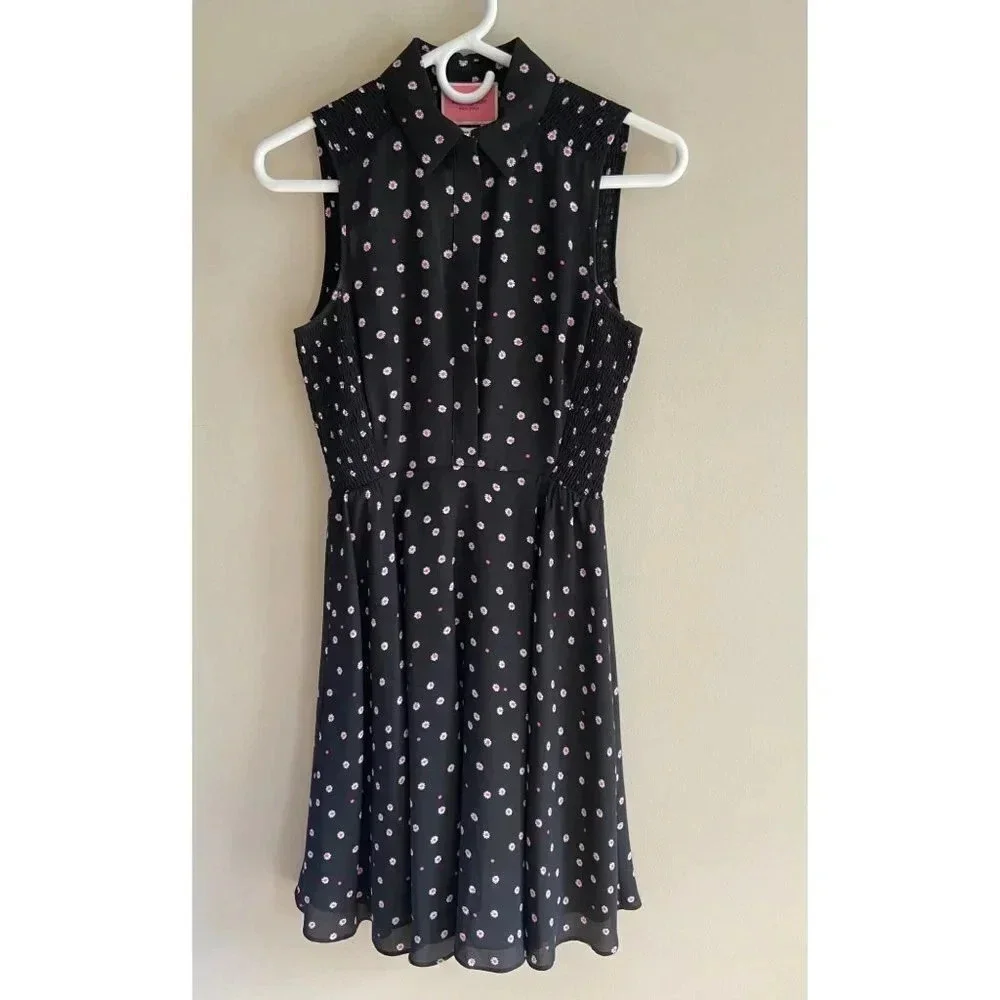 Kate Spade New York Daisy Dot Shirt Dress Size 0 Black Pink Polka Dot Florals